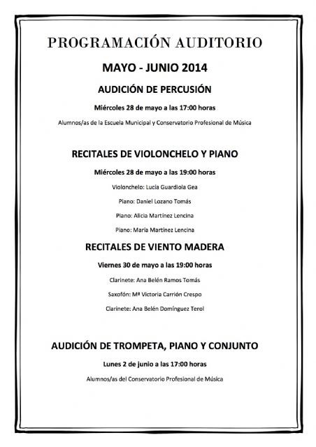 La Escuela Municipal de Música y el Conservatorio de Jumilla, presentan las actuaciones previstas para mayo y junio
