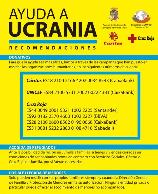 La Coordinadora Social de Jumilla informa de que la ayuda más eficaz a Ucrania es mediante donativos a través de las organizaciones humanitarias