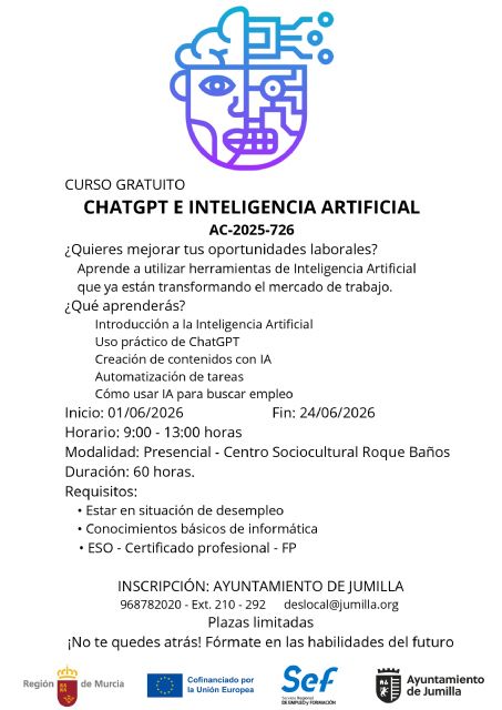 El Ayuntamiento de Jumilla ofrece un curso gratuito para desempleados sobre Inteligencia Artificial y ChatGPT