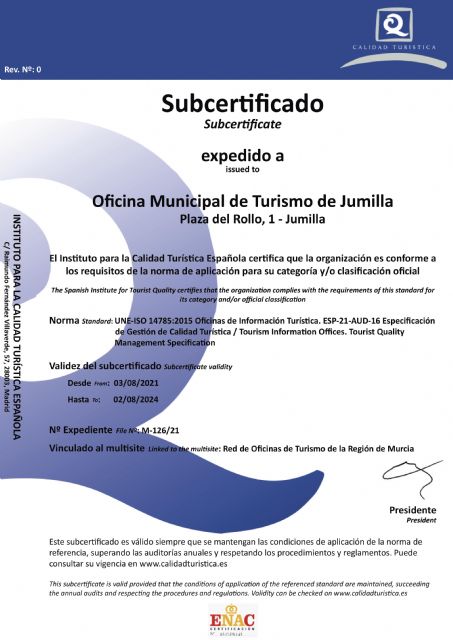 La Oficina de Turismo de Jumilla ya cuenta con las certificaciones Q de Calidad y SAFE