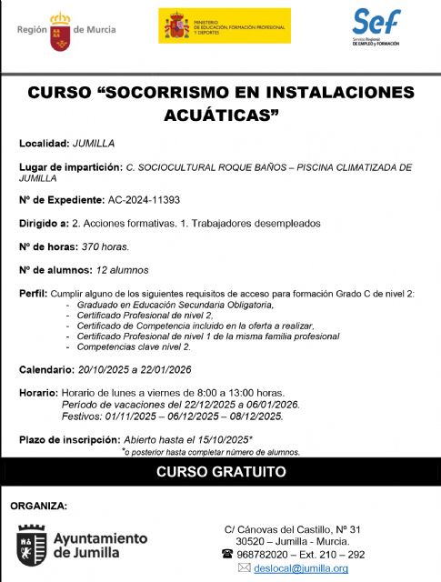 El Ayuntamiento de Jumilla pone en marcha un curso gratuito de Socorrismo en Instalaciones Acuáticas para desempleados