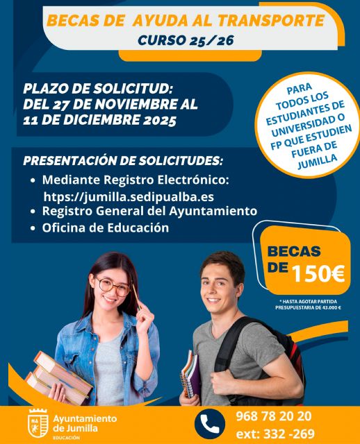 Abierto el plazo para solicitar la beca transporte de 150 euros para el curso 2025/2026