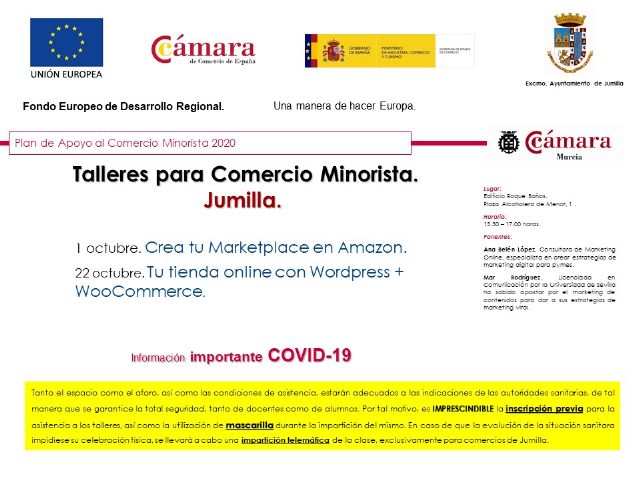Ayuntamiento y Cámara de Comercio programan dos talleres online destinados al comercio minorista