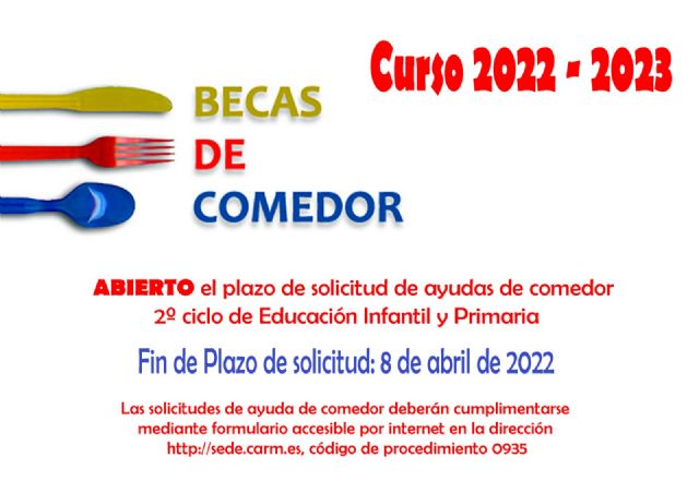 La Concejalía de Educación informa de la convocatoria de las becas de comedor para Infantil y Primaria del curso 2022-23